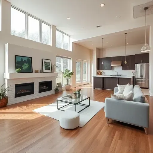 Spacious modern living room in Irving TX features natural light, hardwood floors, elegant decor, and minimalist fireplace.