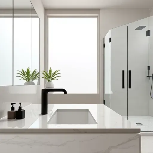 Renovated Plano bathroom with marble countertops black faucet frosted glass shower doors natural light greenery neutral tiles