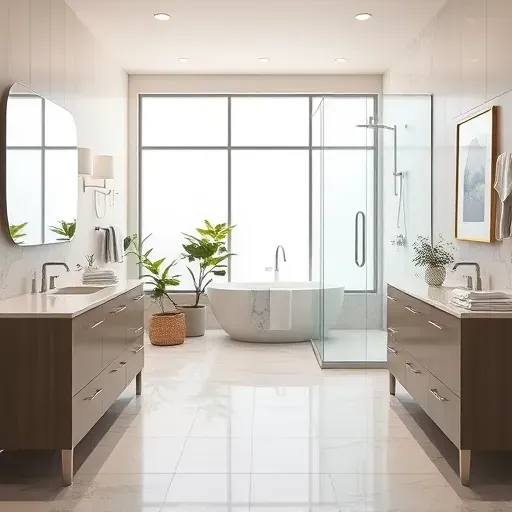 Renovated McKinney, TX bathroom with marble countertops, freestanding tub, glass shower, elegant cabinetry, and natural light.