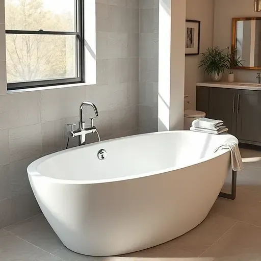 Modern spacious bathtub in Arlington TX with sleek design, polished chrome fixtures, neutral tiles, natural light, and elegant accessories