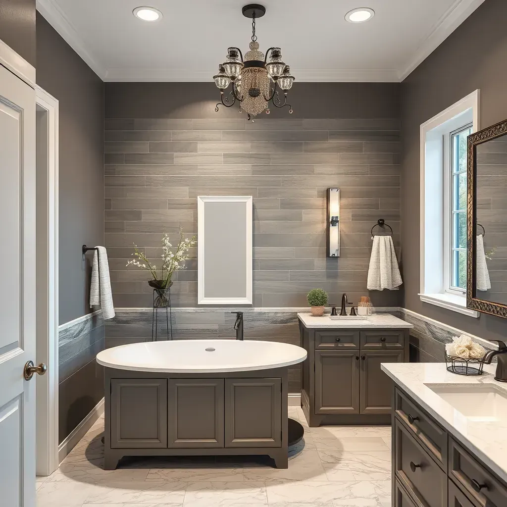 Modern bathroom in Colleyville, TX with large porcelain tiles, marble vanity, glass shower, double sinks, and ambient lighting.