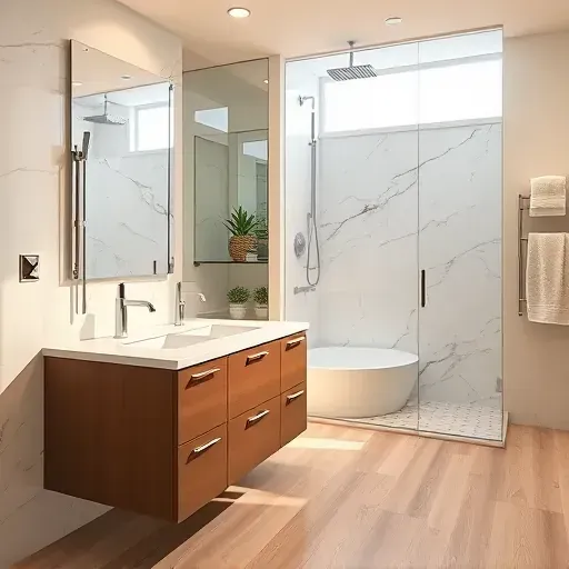 Recently renovated Frisco TX bathroom with a walk-in shower, marble tiles, stylish vanity, and warm wood-look flooring.