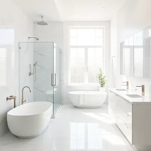 Remodeled Farmers Branch bathroom with modern fixtures, marble shower, freestanding tub, double vanity, and natural light.