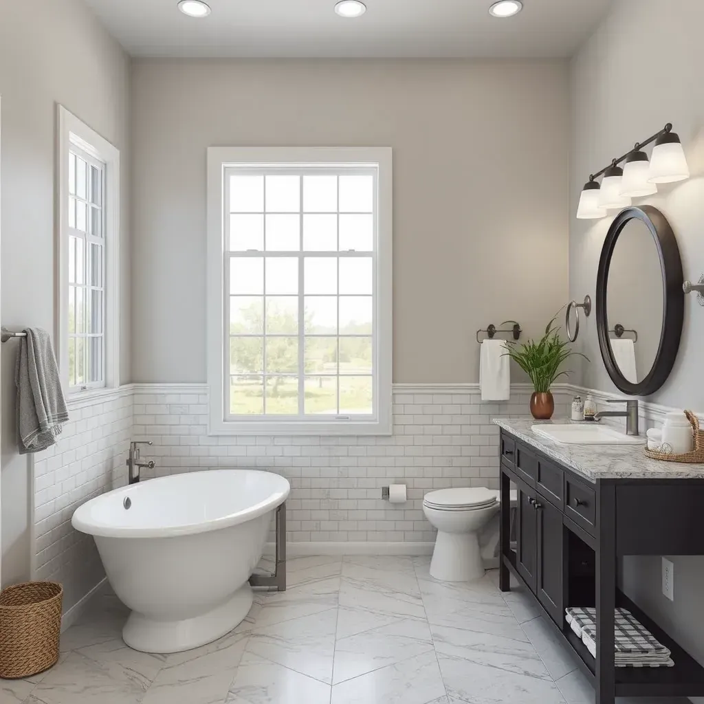 Modern bathroom in Roanoke, TX featuring gray porcelain floors, white subway walls, double vanity, frameless shower, and sleek fixtures.
