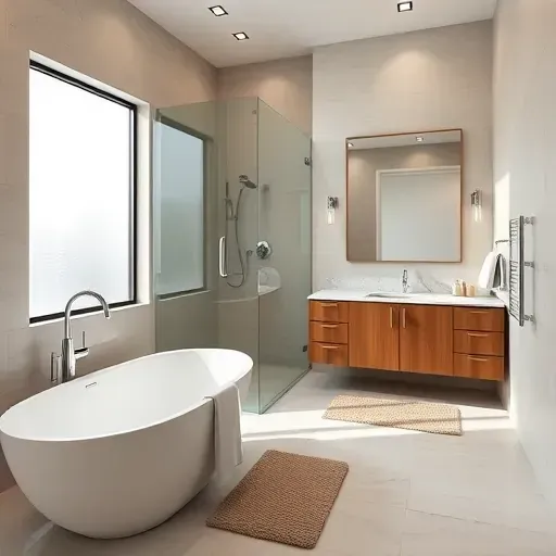 Modern renovated Keller TX bathroom with freestanding tub, walk-in shower, marble double vanity, sleek fixtures, and stylish decor