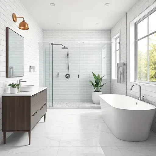 Remodeled Cedar Hill bathroom with modern fixtures, walk-in shower, freestanding tub, marble floor, and natural light.