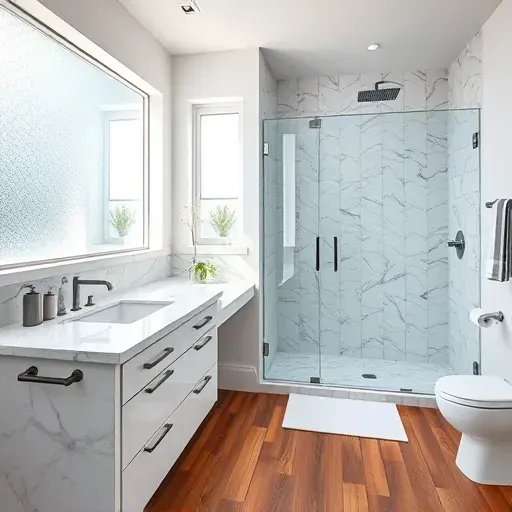Renovated McKinney, TX bathroom with marble counters, modern fixtures, glass shower, hardwood floors, and Texas decor.