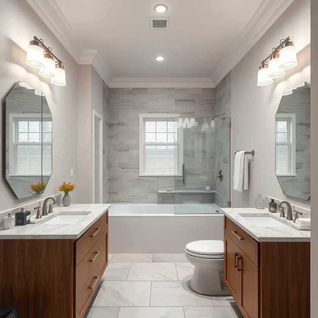 Modern Southlake, TX bathroom with frameless glass shower, soaking tub, double granite vanity, large frosted windows, and elegant fixtures.