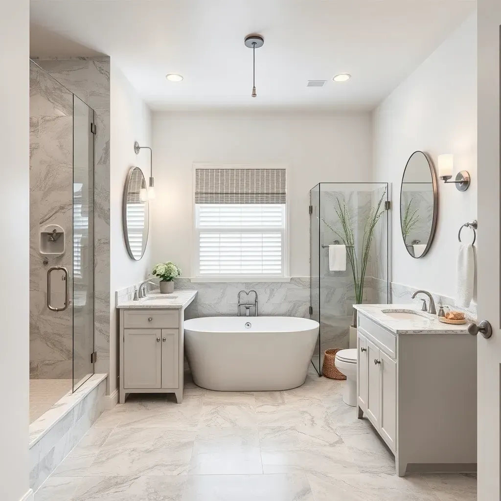 A modern bathroom in Duncanville, TX with sleek fixtures, elegant tiles, and bright natural lighting.
