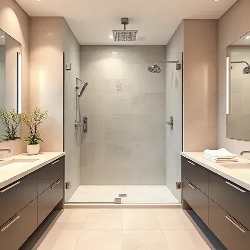 Modern bathroom with glass-enclosed walk-in shower, sleek chrome fixtures, neutral stone tiles, and elegant marble accents