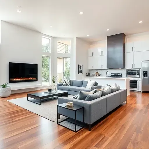 Elegant living room in Farmers Branch TX with hardwood floors, stylish furniture, and modern kitchen seamlessly integrated.