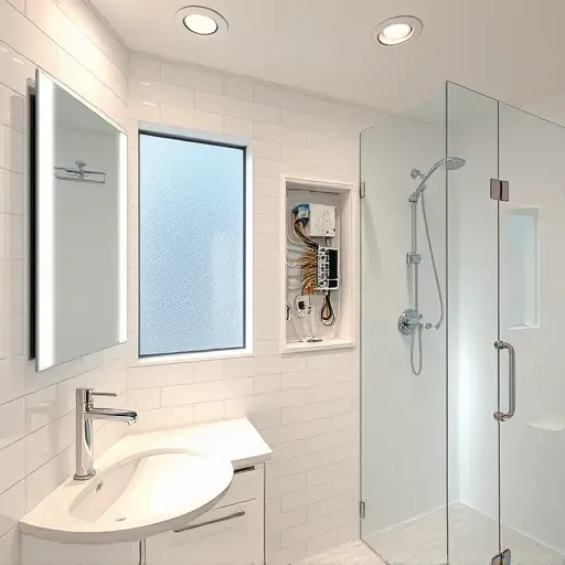 Modern bathroom with seamless recessed LED lighting, sleek fixtures, organized wiring, and a bright, hygienic ambiance in Arlington TX