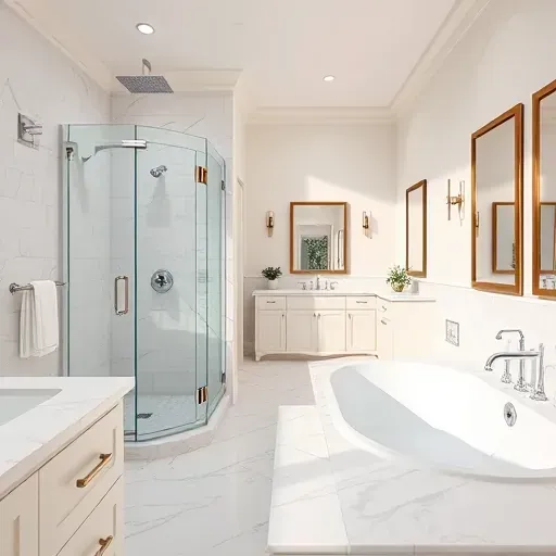 Remodeled Flower Mound TX bathroom with modern fixtures, marble countertops, glass shower, soaking tub, and elegant decor