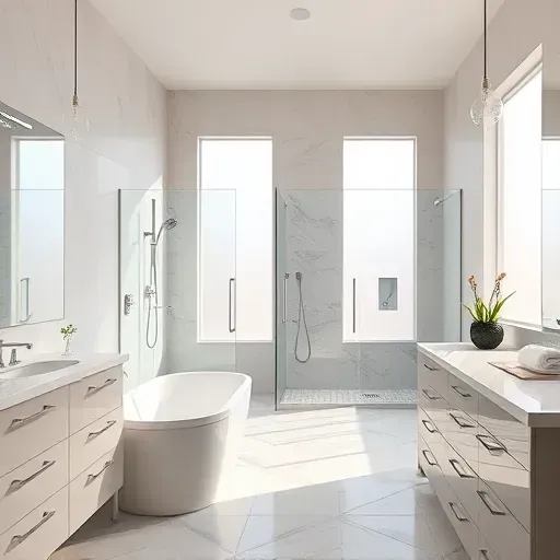 Remodeled Cedar Hill bathroom with modern fixtures, walk-in shower, marble countertops, soaking tub, natural light.