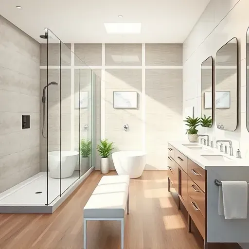 Remodeled modern bathroom in Fort Worth TX with glass shower, freestanding tub, marble double vanity, natural lighting and neutral tones