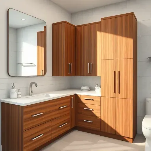 Custom modern bathroom cabinets in Arlington Texas with polished wood surfaces, metallic handles, and elegant minimalist decor
