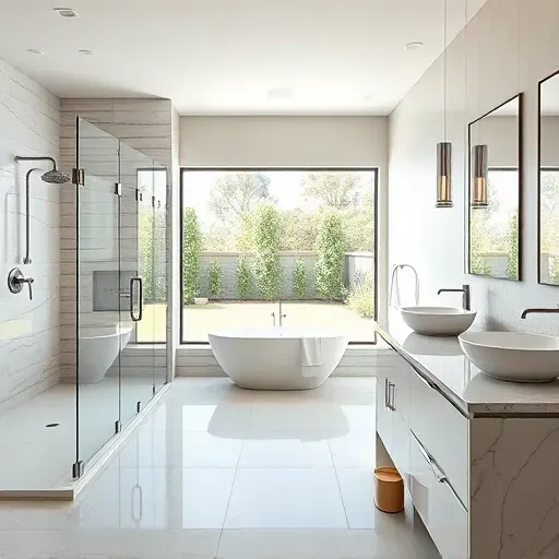 Renovated bathroom in Carrollton TX features modern fixtures, glass shower, soaking tub, and double vanity with marble.