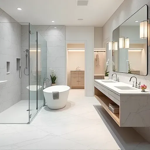 Luxury renovated bathroom in Coppell, TX with a frameless glass shower, freestanding tub, marble vanity, and elegant decor.