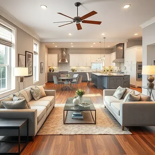 Beautifully renovated Arlington TX living room featuring modern furniture, hardwood floors, stylish lighting, and an open kitchen.