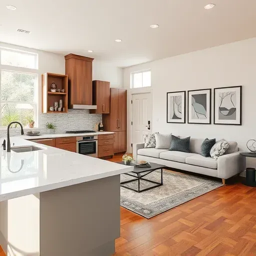 Stunning remodeled kitchen and living space in Prosper TX featuring quartz countertops and modern design elements.