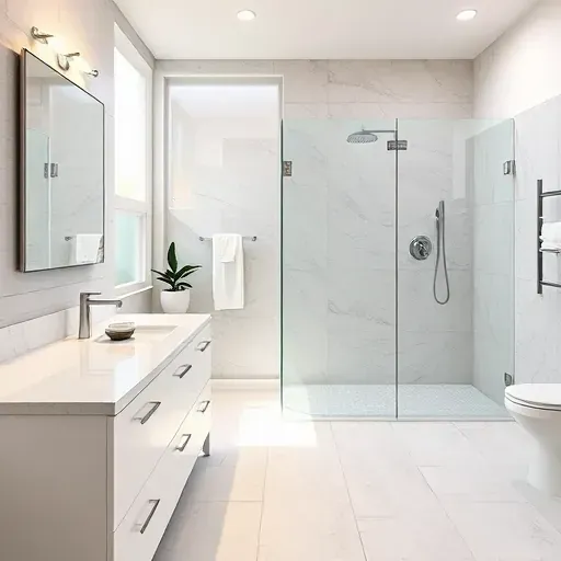 Modern Mansfield TX bathroom with marble countertops, glass shower, double sink, neutral tiles, and natural light.