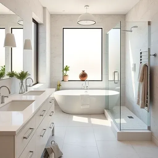 Renovated Watauga, TX bathroom with marble countertops, freestanding tub, glass shower, neutral tones, and modern decor.
