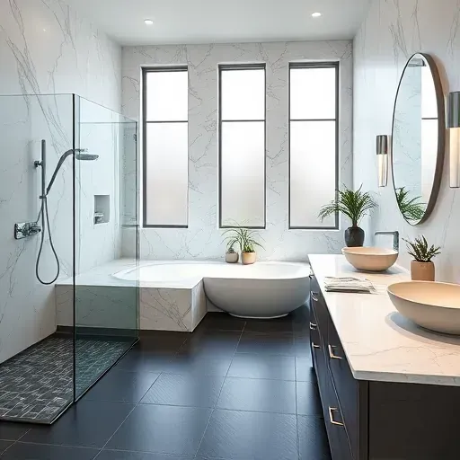 Remodeled Bedford, TX bathroom featuring modern fixtures, glass shower, soaking tub, double vanity, and natural light.