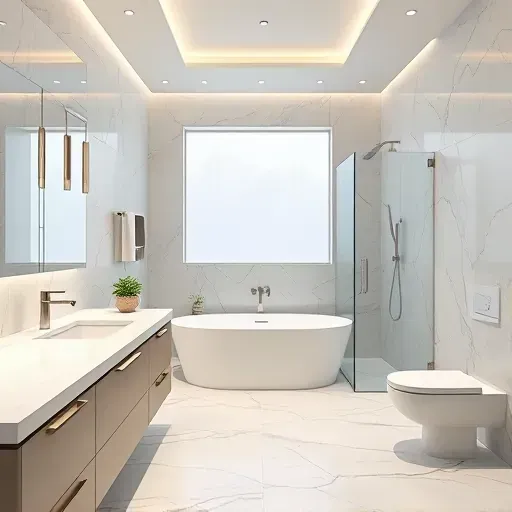 Beautiful renovated bathroom with modern fixtures, marble countertops, walk-in shower, freestanding tub, and soft natural lighting.