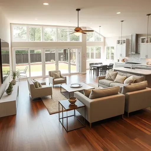 Renovated Addison, TX living room with hardwood floors, modern furniture, open kitchen, and natural light.