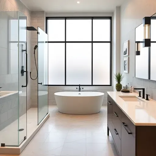 Remodeled bathroom in McKinney TX with modern fixtures, marble countertops, glass shower, soaking tub, minimal cabinets, and ambient lighting