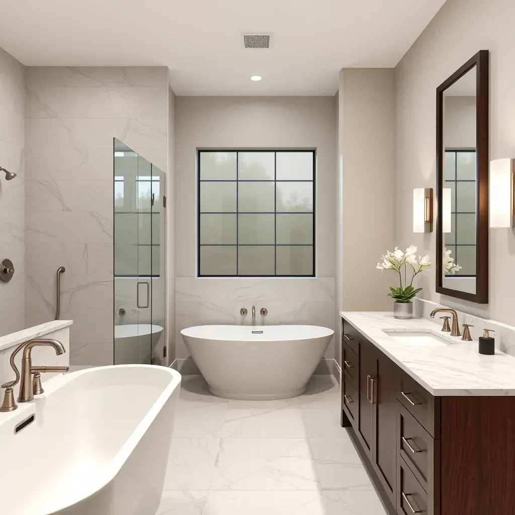 Modern Plano bathroom with walk-in shower, freestanding tub, sleek vanity, and natural light in a spacious, upscale design.