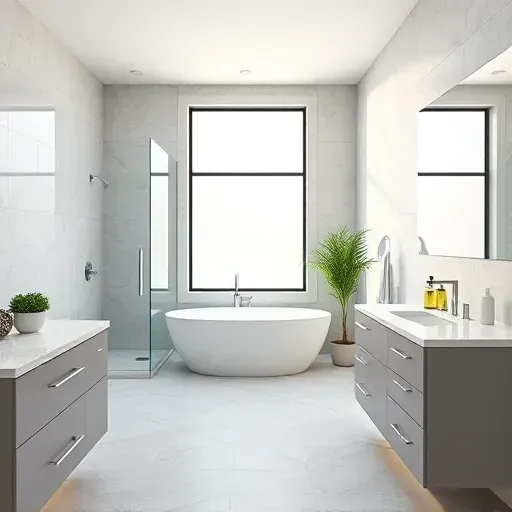 Renovated Grand Prairie, TX bathroom featuring modern fixtures, glass shower, freestanding tub, marble counters, and natural daylight.
