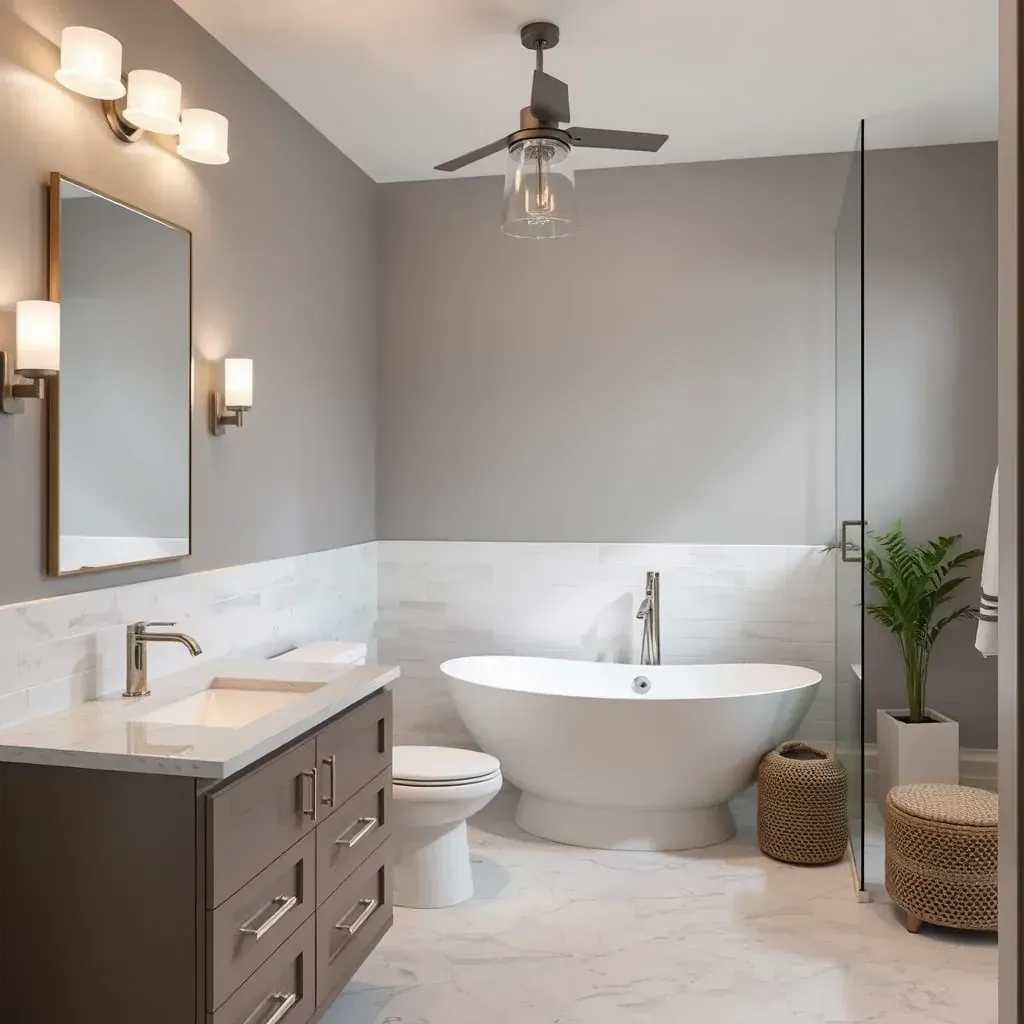Modern Arlington, TX bathroom with freestanding tub, glass shower, marble accents, and sleek vanities with quartz countertops.