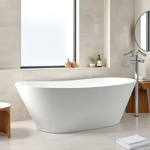 Freshly installed modern white bathtub in a bright contemporary bathroom with neutral tiles and polished chrome fixtures