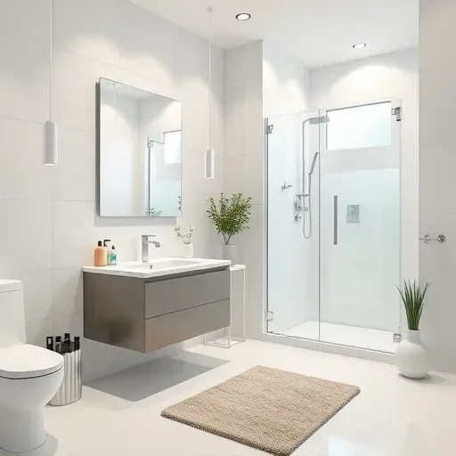 Remodeled Keller bathroom with modern fixtures, glossy tiles, glass shower, quartz vanity, and minimalist decor.