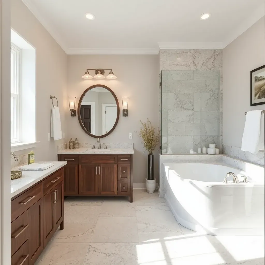 Modern Prosper, TX bathroom with glass shower, quartz vanity, chrome fixtures, wood-like tiles, and natural light.