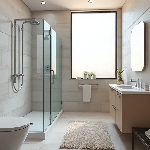 Remodeled Dallas bathroom with chrome fixtures, glass shower, marble vanity, neutral tiles, natural light, and modern decor
