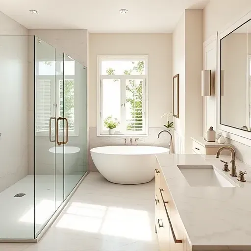 Renovated Bedford, TX bathroom with glass shower, freestanding tub, marble countertops, modern fixtures, and elegant decor.