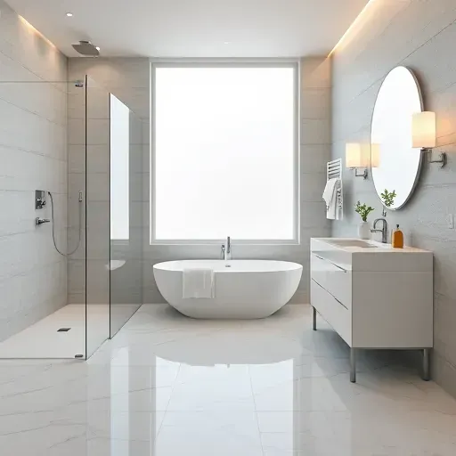 Renovated Fort Worth bathroom with marble floors, walk-in shower, freestanding tub, modern fixtures, and warm LED lighting.