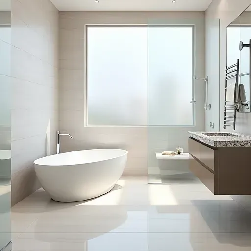 Renovated Euless bathroom with sleek fixtures, granite vanity, glass shower, neutral tiles, natural light, and modern decor.