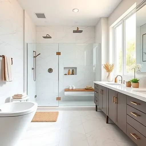 Renovated Trophy Club bathroom with modern fixtures, walk-in shower, marble countertops, stylish decor, and natural light.