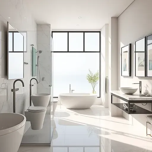 Remodeled Allen, TX bathroom featuring modern fixtures, marble shower, freestanding bathtub, double vanity, and natural light.