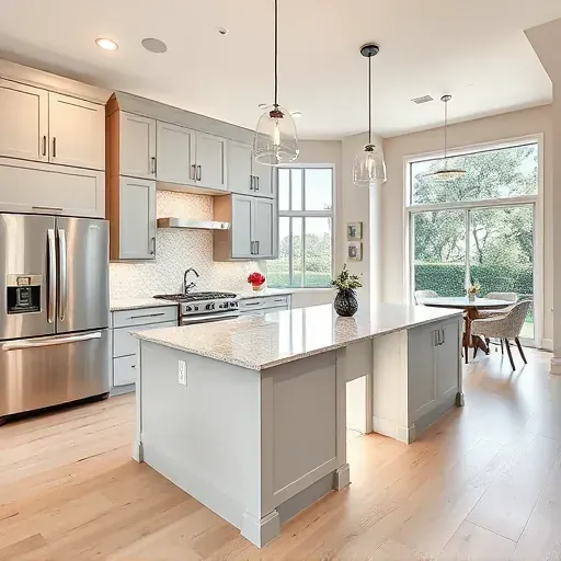 Spacious modern kitchen in Westlake, TX features granite island, sleek cabinetry, and warm pendant lighting.