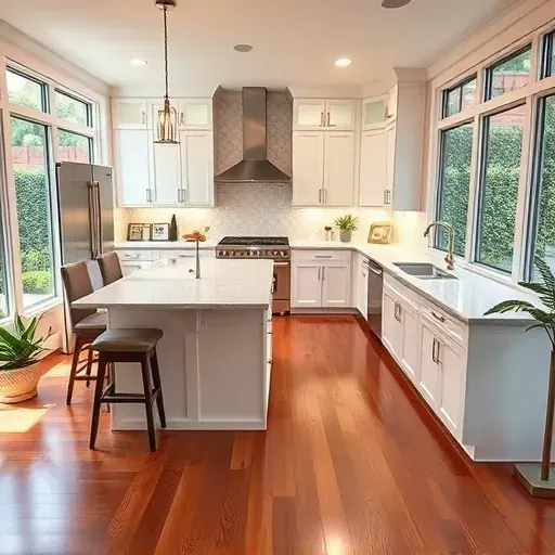 Renovated kitchen in Flower Mound TX with modern white cabinetry, quartz countertops, and natural light from large windows.