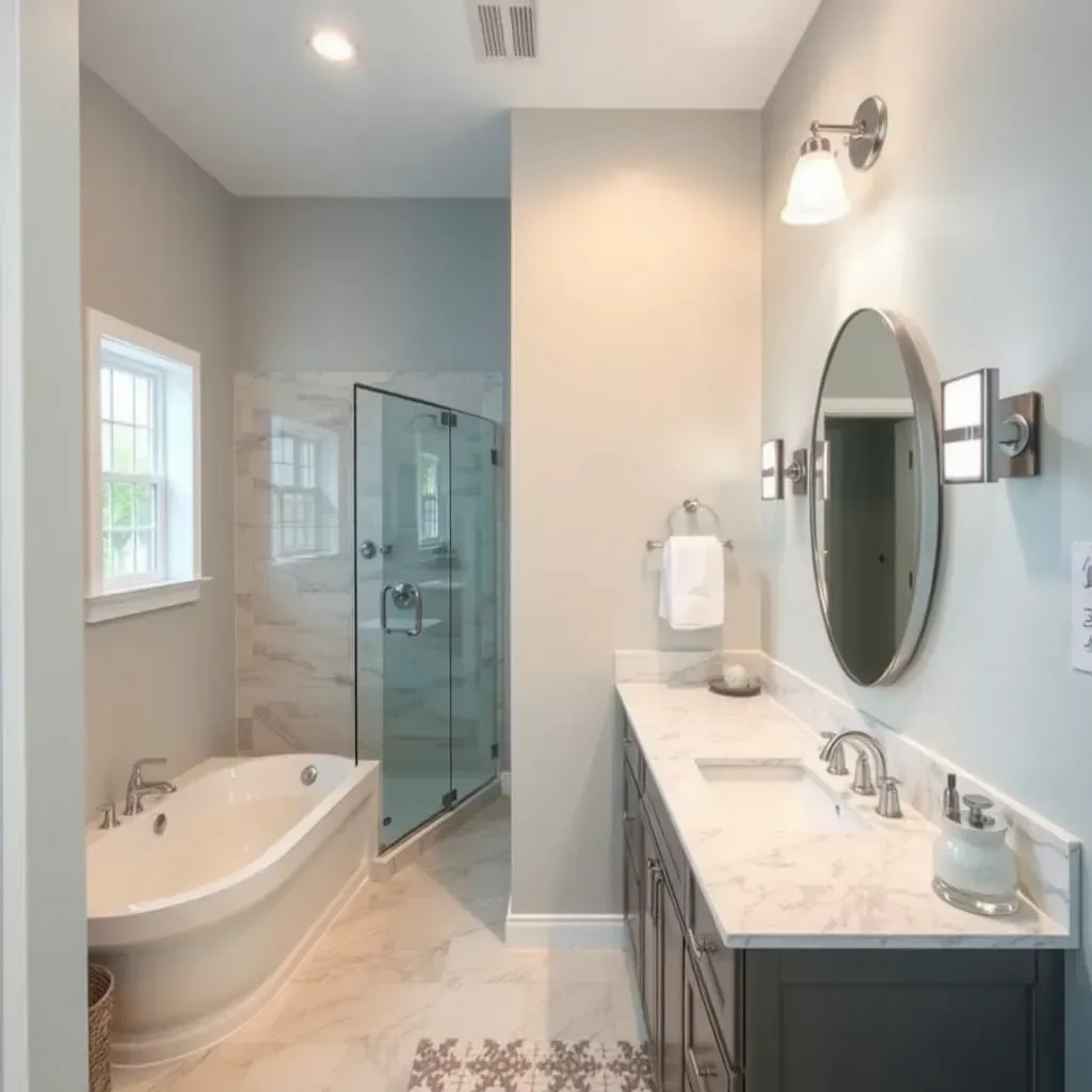 Bathroom remodel in North Richland Hills, TX with modern fixtures, glass shower, large tiles, quartz vanity, and natural light.