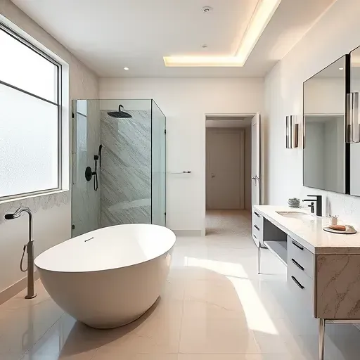 Renovated Richardson TX bathroom with spacious walk-in shower, freestanding tub, double marble vanity, and modern design elements