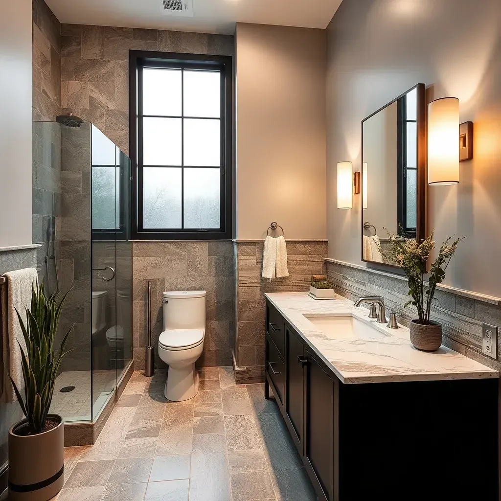 Modern remodeled bathroom in Fort Worth, TX featuring a glass shower, freestanding tub, marble vanity, and sleek design.