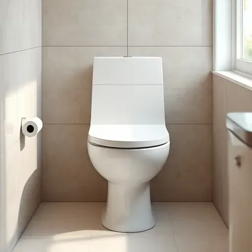 Modern toilet with sleek design and polished ceramic finish in a bright, clean bathroom with neutral tiles and subtle plumbing
