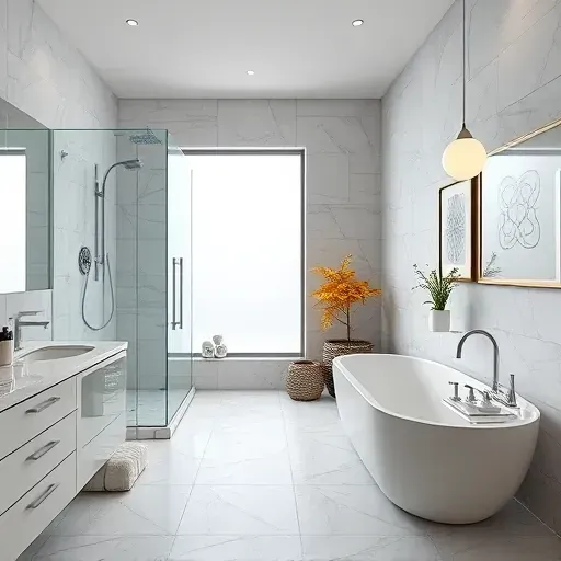 Renovated Richardson, TX bathroom with modern fixtures, marble countertops, glass shower, soaking tub, and stylish decor.