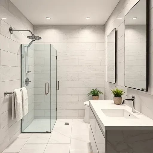 Remodeled Farmers Branch TX bathroom with marble counters glass shower tiles modern fixtures and stylish decor